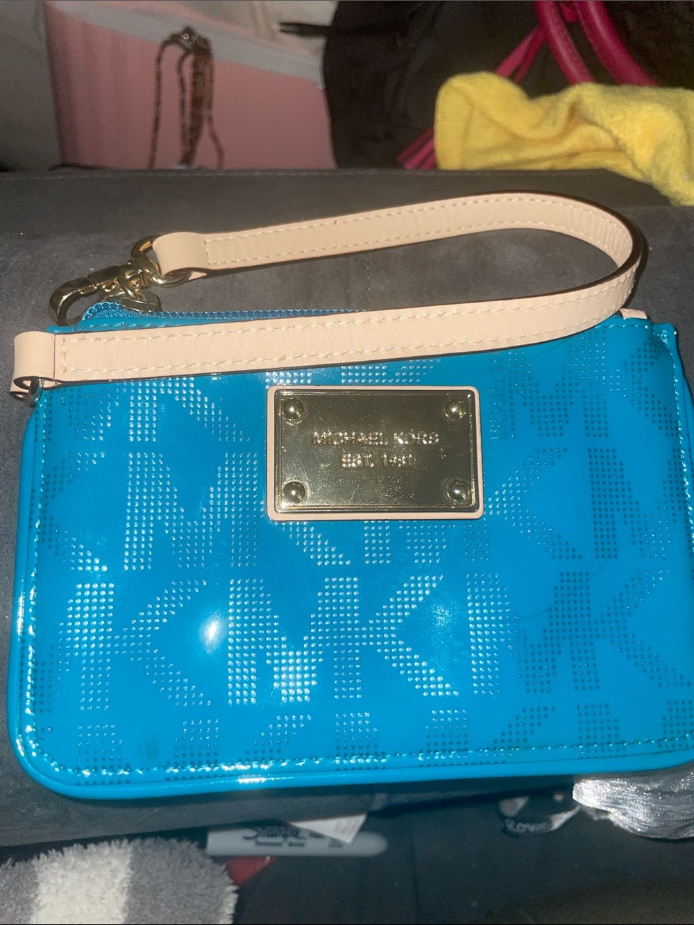 Michael Kors Blue Patent Wristlet with Beige Strap & Gold Plaque